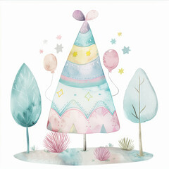 Whimsical Pastel Landscape with Balloon Laden Trees and Enchanting Party Hat Forest