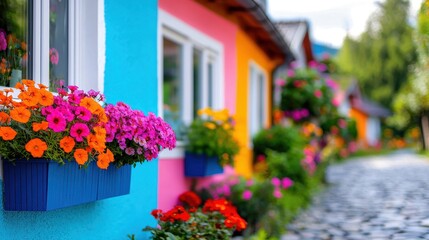 Fototapeta premium Exploring a colorful cobblestone street in a charming village vibrant environment wide angle view