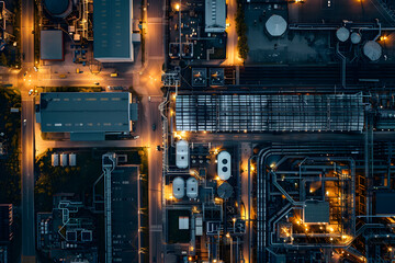 Industrial twilight: aerial view of factory complex at dusk