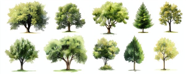Fototapeta premium Collection of Watercolor Paintings Featuring Diverse Tree Species Botanical Illustrations