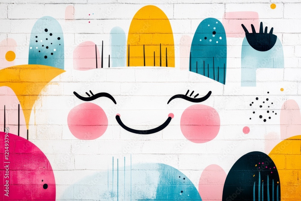 Poster A clean and simple depiction of a happy face made with abstract shapes in bright, cheerful colors on a plain canvas