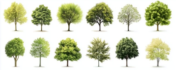 A Collection of Twelve Diverse Tree Species Lush Green Foliage Vibrant Colors Isolated on White Background Botanical Illustration