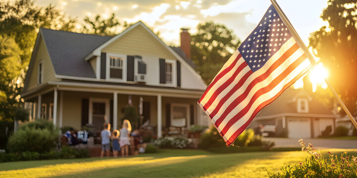 American Flag Waving in Suburban Sunrise