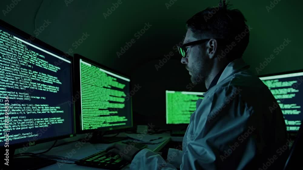 Poster Expert programmer analyzes code in dimly lit workspace with multiple monitors displaying data