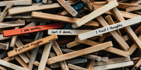 A visual representation of positive affirmations, featuring messages like "I am worthy," "Get it done," and "I trust my thoughts," promoting self-worth and motivation.