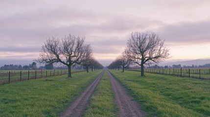 Fototapeta premium Tranquil White Petal Orchards in Winter Farmland Landscape Scene with Ultra-Detailed Cinematic Appeal