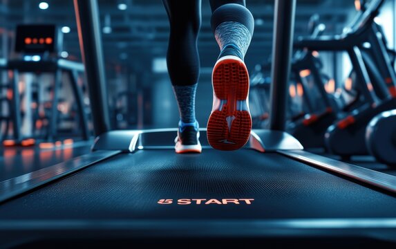 Experience the thrill of cardio workouts with close-up action on a treadmill, capturing the runner's determination and focus in a vibrant gym atmosphere.