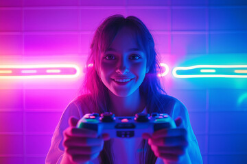 Teenager playing video games and neon lights in the background