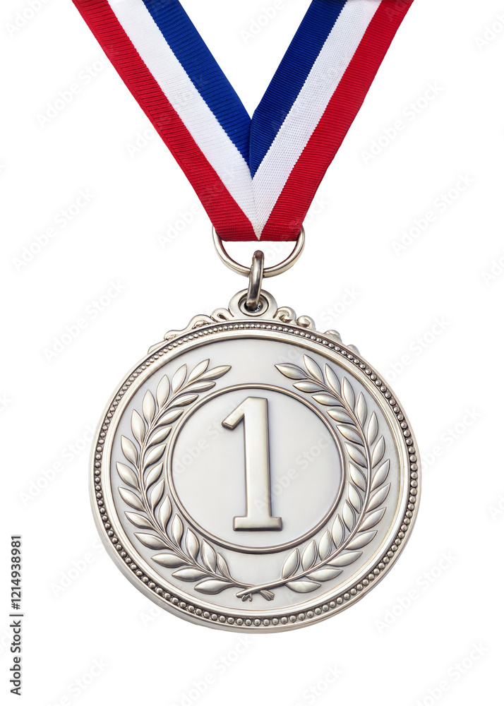 Poster first place winner silver medal with ribbon, 1st position. isolated on transparent background with a