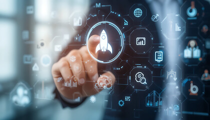 Fototapeta premium Business Interface with Hand Pointing to Growth and Technology Icons – Professional Corporate Concept