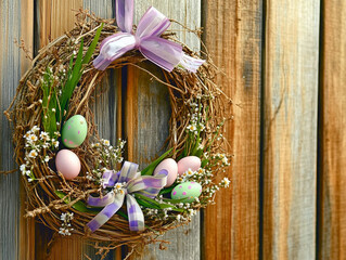 Easter wreath hanging on a rustic wooden wall. The wreath is decorated with pastel-colored eggs, green leaves, small white flowers, and a purple ribbon bow.