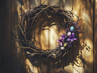 Easter wreath hanging on a rustic wooden wall. The wreath is decorated with pastel-colored eggs, green leaves, small white flowers, and a purple ribbon bow.