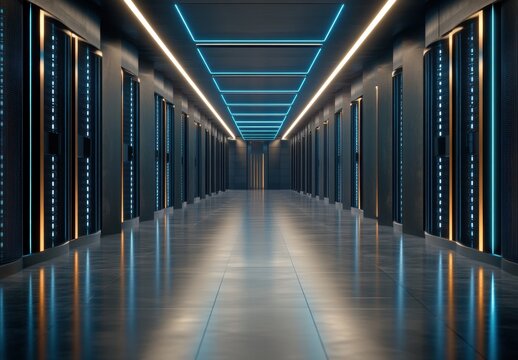 A sleek, modern data center hallway illuminated with blue and white LED lights, showcasing rows of high-tech servers and polished floors, embodying the future of technology and data management.