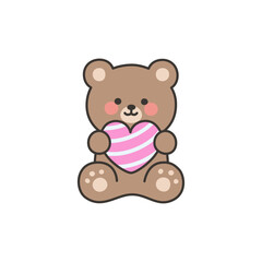 Bear Sitting and Holding a Striped Pink Heart in Valentine Artwork