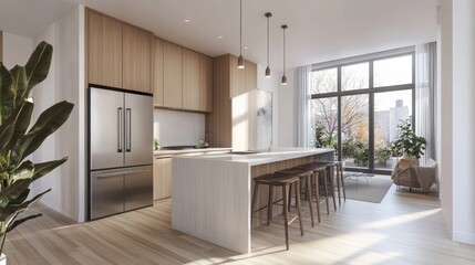 Fototapeta premium Modern Kitchen Interior with Open Layout and Natural Light Elements