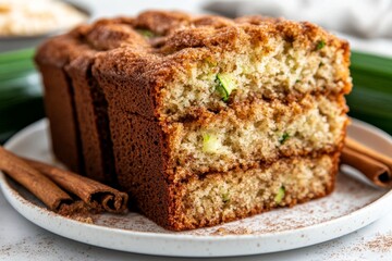 A close-up of the crumb texture of zucchini bread, with visible shreds of zucchini and specks of cinnamon