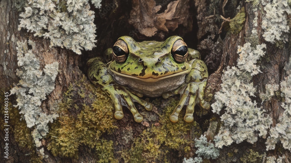 Sticker Green Tree Frog Camouflaged in a Mossy Tree Trunk