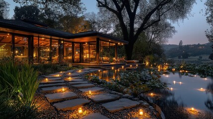 Fototapeta premium Tranquil Japanese Garden at Dusk Water Illumination Serene Surroundings