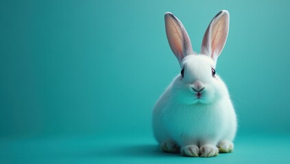 Obraz premium Adorable White Rabbit with Long Ears Sitting on Teal Background, Perfect for Spring and Easter Themes, Cute Animal Portrait for Stock Photography Use