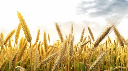 Fototapeta premium Lush barley plants with golden heads shining under a clear sunny sky, gently bending in the breeze with a panoramic rural view
