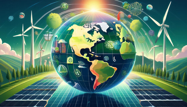 a digital collage representing sdg economics with renewable energy equal education and climate action all interconnected in an idealistic global landscape