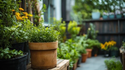 Lush Urban Garden with Vibrant Greenery and Colorful Flowers