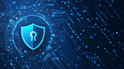 A digital representation of a blue shield with a padlock inside, glowing with blue light, and surrounded by connecting dots and lines forming a semiconductor circuit