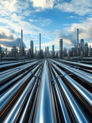 Fototapeta premium A stunning view of a vast oil refinery, showcasing a complex network of metallic pipes under a dramatic sky.