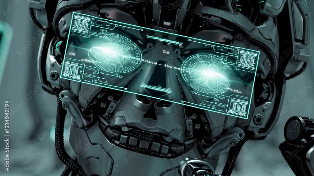 Poster Robotic figure interacts with high-tech control interface in futuristic laboratory setting