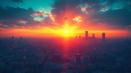Cityscape Sunset With Bird Silhouette And Colorful Sky