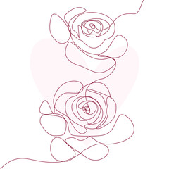 Rose single line drawing with on pink background with love shape. One line minimalist style illustration for valentine.