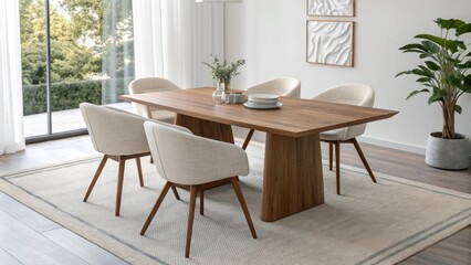 A minimalist dining table made of polished wood sits at the center surrounded by unobtrusive ergonomic seating that encourages a sense of togetherness.
