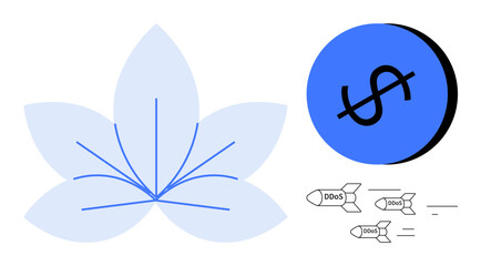 Blooming flower with blue lines symbolizes growth. Blue circle with dollar sign indicates financial aspects. Missiles labeled DDoS targeting dollar sign. Ideal for cyber threats, cybersecurity