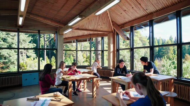 Design an eco-friendly educational facility in the heart of a rainforest, ensuring minimal environmental impact and maximal connection to nature