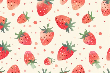 Cute watercolor strawberry seamless pattern background. Hand-drawn red berries, green leaves, and pink dots on a light beige texture. Sweet fruit food wallpaper design.