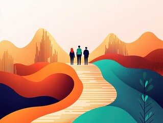 A vibrant illustration of three figures walking along a winding path through colorful abstract landscapes and stylized mountains.