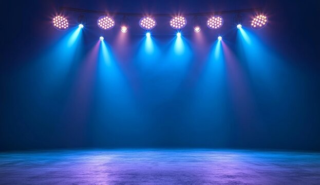 A massive contemporary game show arena illuminated by neon lights piercing through the fog.