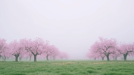 Dreamy January Haze: Ethereal Orchard with Pale Pink Daisies and Blurred Farmland Lines Cinematic Image