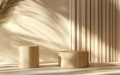 Abstract minimal background with wooden cylinder podiums for product presentation on a soft beige background. 