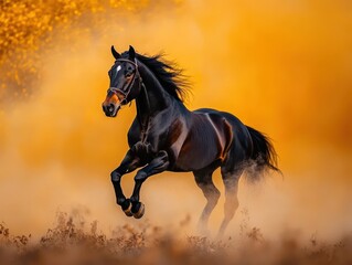 Naklejka premium A majestic black horse gallops through a golden mist, embodying strength and freedom against a vibrant autumn backdrop.