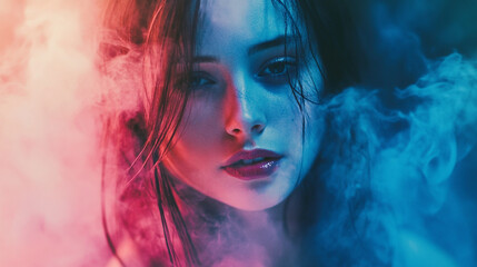 Fototapeta premium Young woman with striking features illuminated by colorful smoke in a dramatic setting