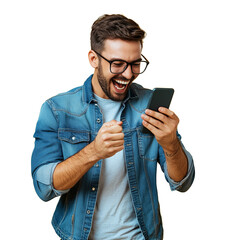 A happy man, wearing glasses and a blue shirt, excited, on a transparent backgrounds