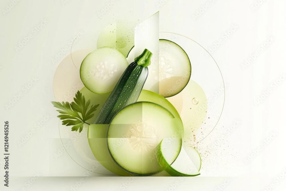 Poster a flat geometric design of a sliced zucchini arranged in a circular pattern, rendered in shades of g