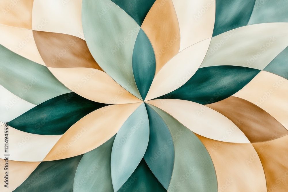 Poster a flat geometric design of a sliced zucchini arranged in a circular pattern, rendered in shades of g