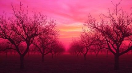 Enigmatic Orchard Silhouettes in Fiery Pink Dusk Sky - Cinematic Ultra-Detailed Image of Glowing Red Petals