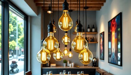 Obraz premium Hanging Edison bulbs with warm light symbolizing ideas and innovation in a modern aesthetic