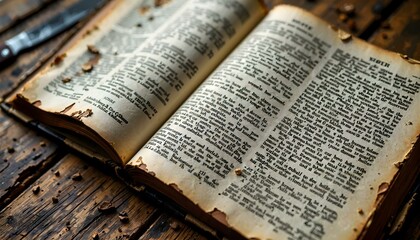 Fototapeta premium Old dusty book lying open with soft light illuminating its pages evoking history