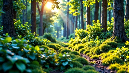 Fototapeta premium Lush green forest with sunlight filtering through trees creating a tranquil atmosphere