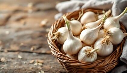 Fresh Garlic Cloves in Rustic Basket - Organic Harvest, Healthy Food