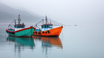Fototapeta premium Traditional fishing boats in harbor serene coastal environment vibrant colors aerial view